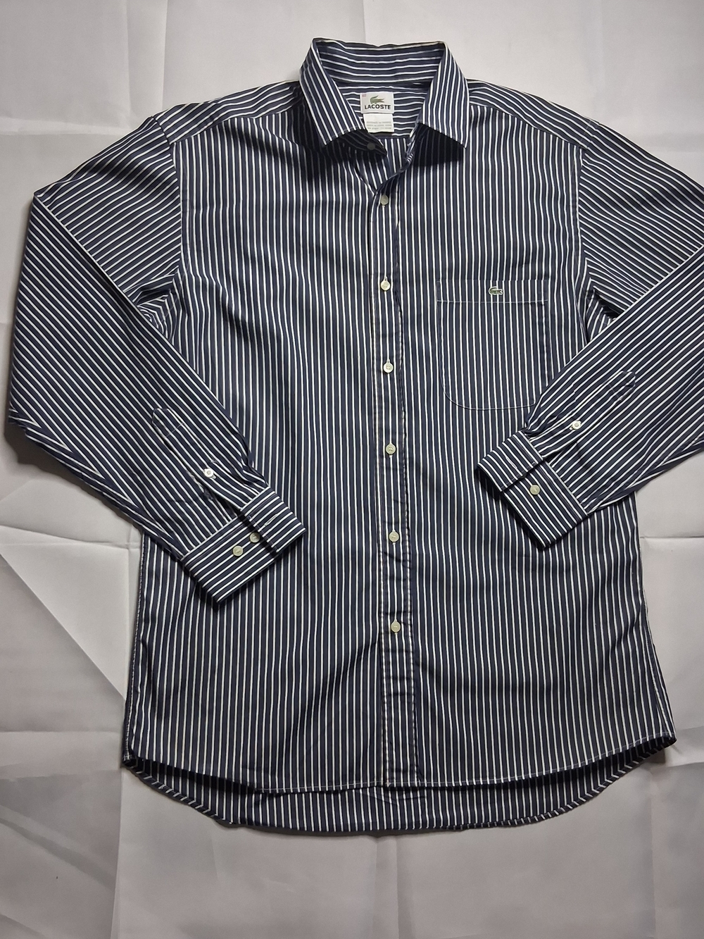 Lacoste Men's Navy and White Pinstripe Dress Shirt